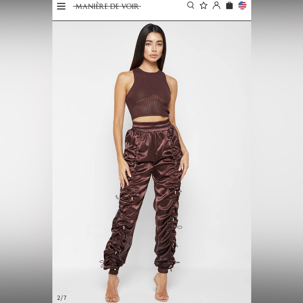 Maniere de voir Brown/Gold Satin Bungee Ruched Cargo Pants women size 6